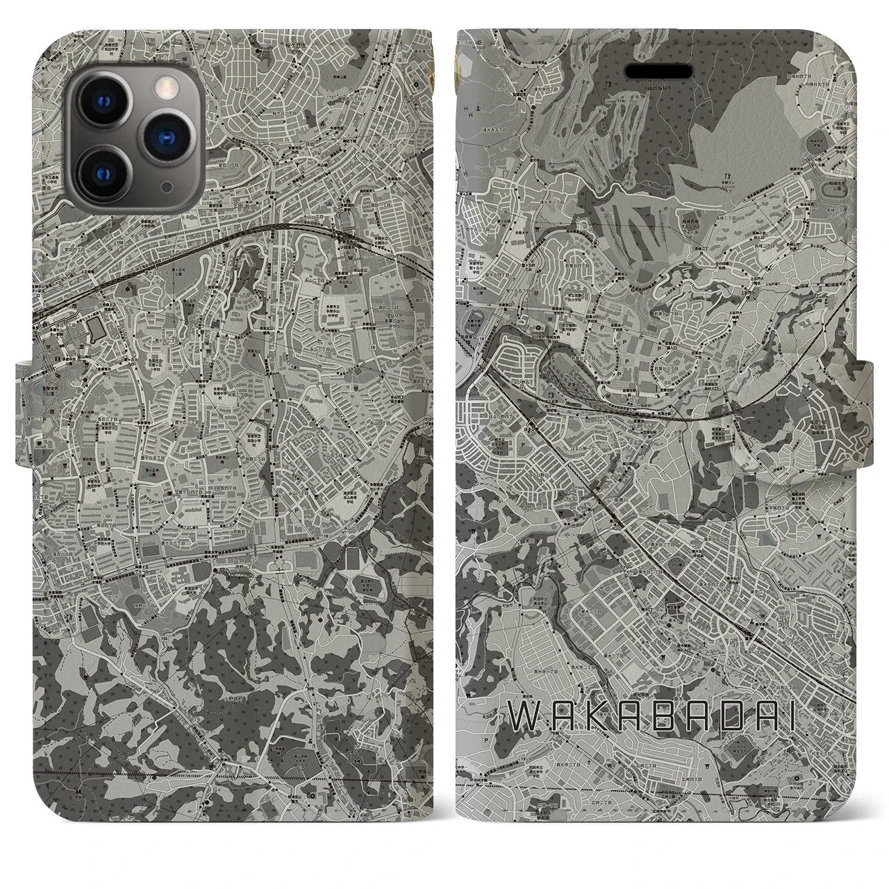 【若葉台(神奈川県)】地図柄iPhoneケース(手帳タイプ)モノトーン・iPhone 11 Pro Max 用