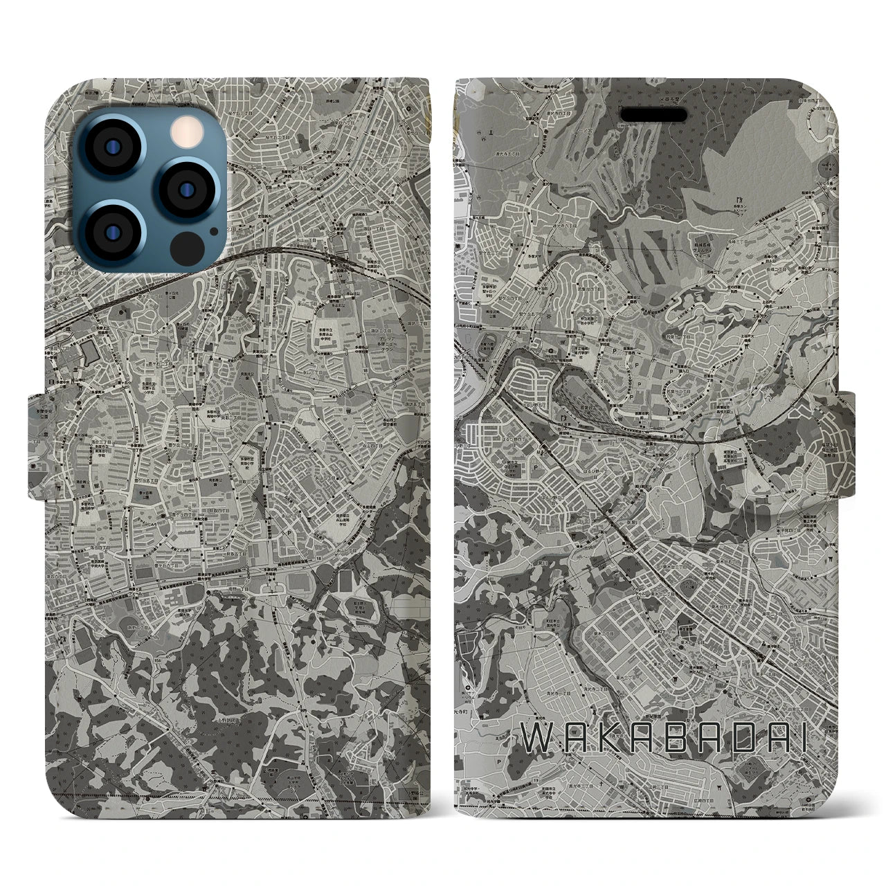 【若葉台(神奈川県)】地図柄iPhoneケース(手帳タイプ)モノトーン・iPhone 12 / 12 Pro 用