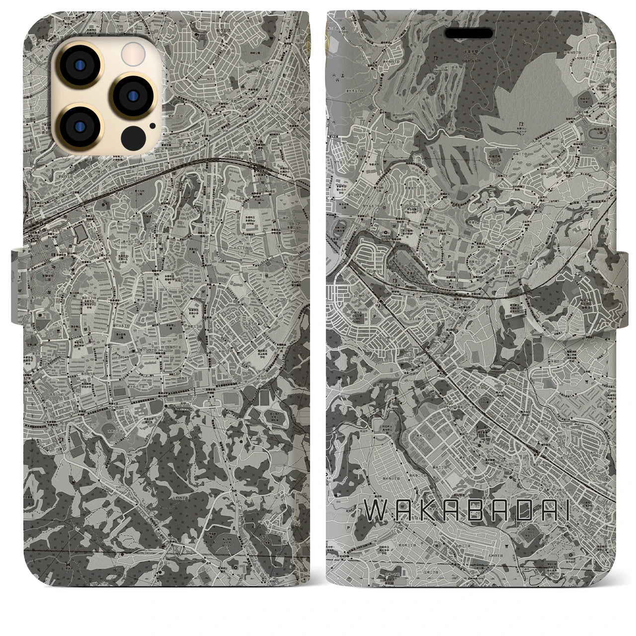 【若葉台(神奈川県)】地図柄iPhoneケース(手帳タイプ)モノトーン・iPhone 12 Pro Max 用