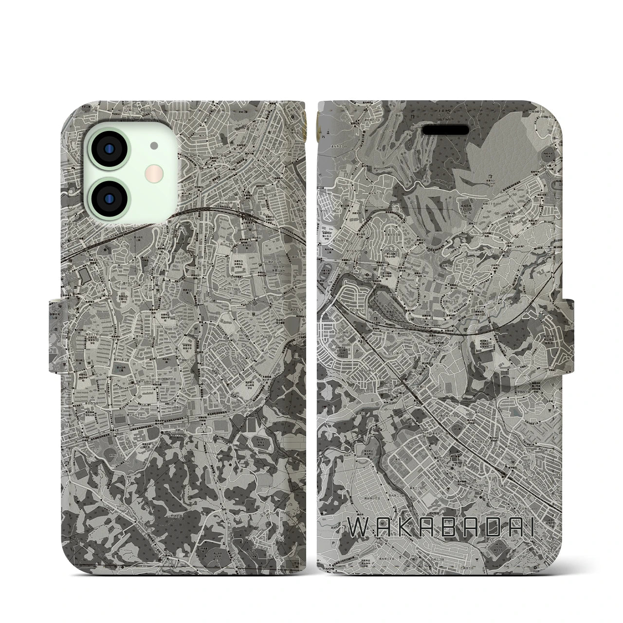 【若葉台(神奈川県)】地図柄iPhoneケース(手帳タイプ)モノトーン・iPhone 12 mini 用