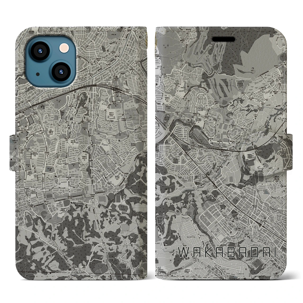 【若葉台(神奈川県)】地図柄iPhoneケース(手帳タイプ)モノトーン・iPhone 13 用