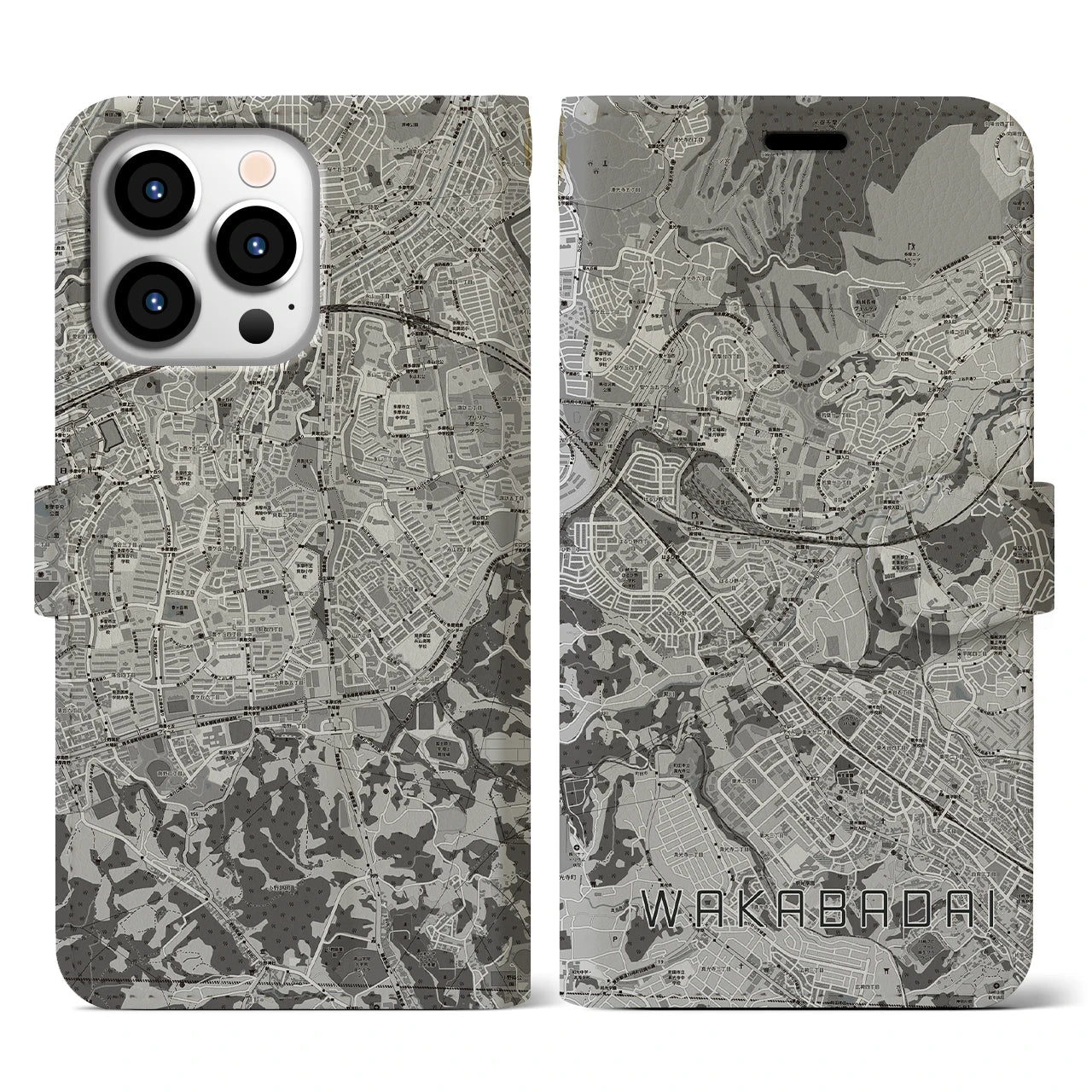 【若葉台(神奈川県)】地図柄iPhoneケース(手帳タイプ)モノトーン・iPhone 13 Pro 用