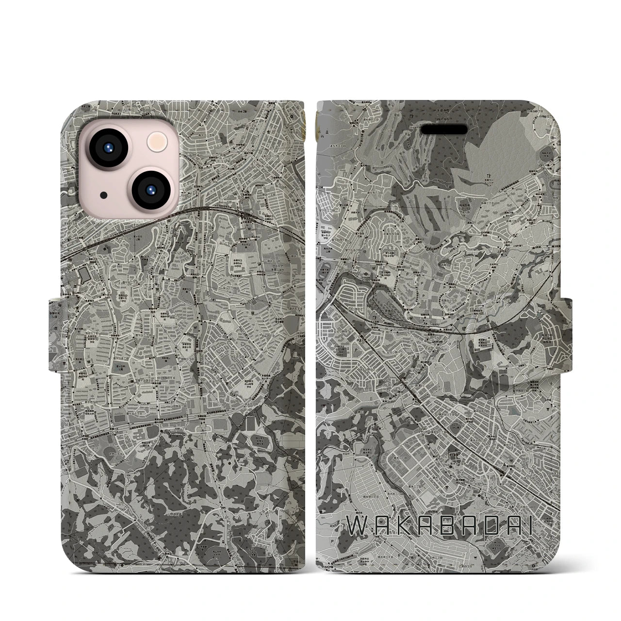 【若葉台(神奈川県)】地図柄iPhoneケース(手帳タイプ)モノトーン・iPhone 13 mini 用