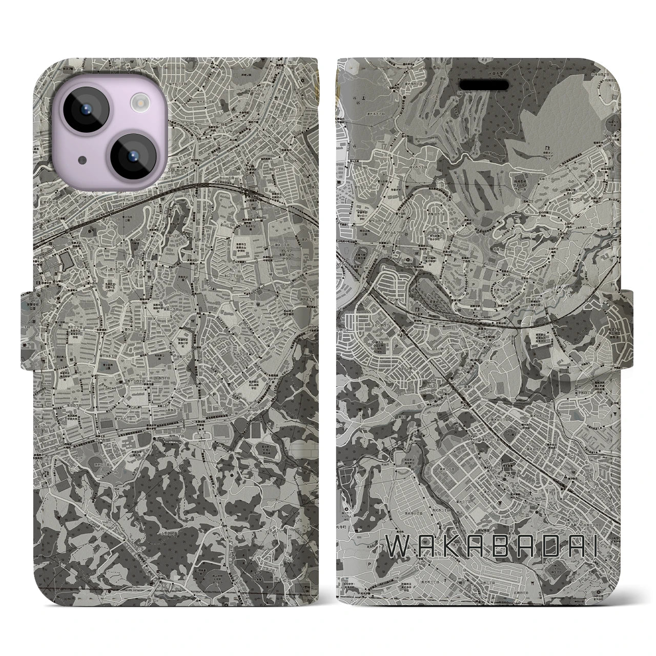 【若葉台(神奈川県)】地図柄iPhoneケース(手帳タイプ)モノトーン・iPhone 14 用
