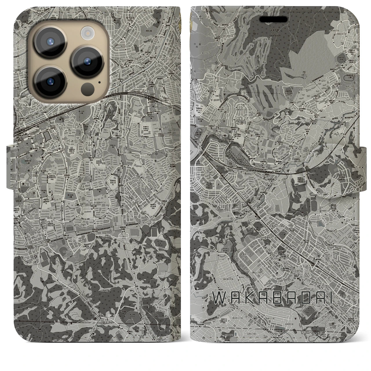 【若葉台(神奈川県)】地図柄iPhoneケース(手帳タイプ)モノトーン・iPhone 14 Pro Max 用