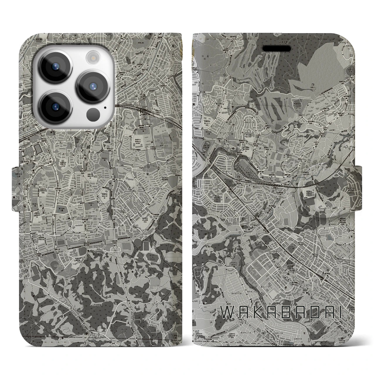 【若葉台(神奈川県)】地図柄iPhoneケース(手帳タイプ)モノトーン・iPhone 14 Pro 用