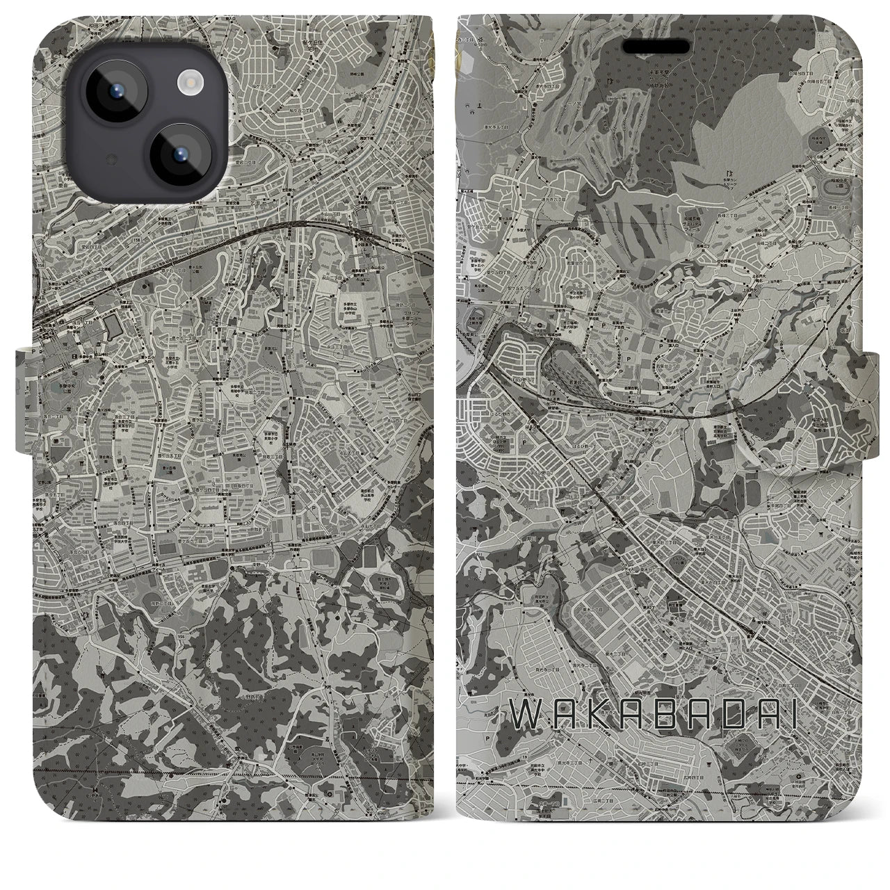 【若葉台(神奈川県)】地図柄iPhoneケース(手帳タイプ)モノトーン・iPhone 14 Plus 用