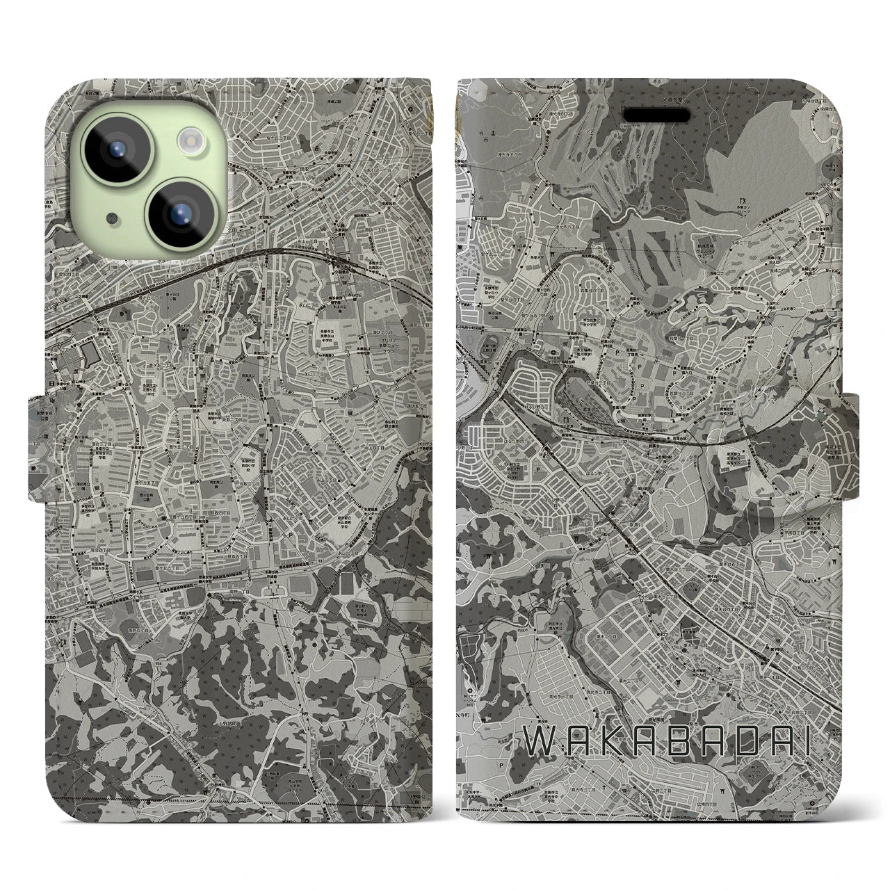 【若葉台(神奈川県)】地図柄iPhoneケース(手帳タイプ)モノトーン・iPhone 15 用