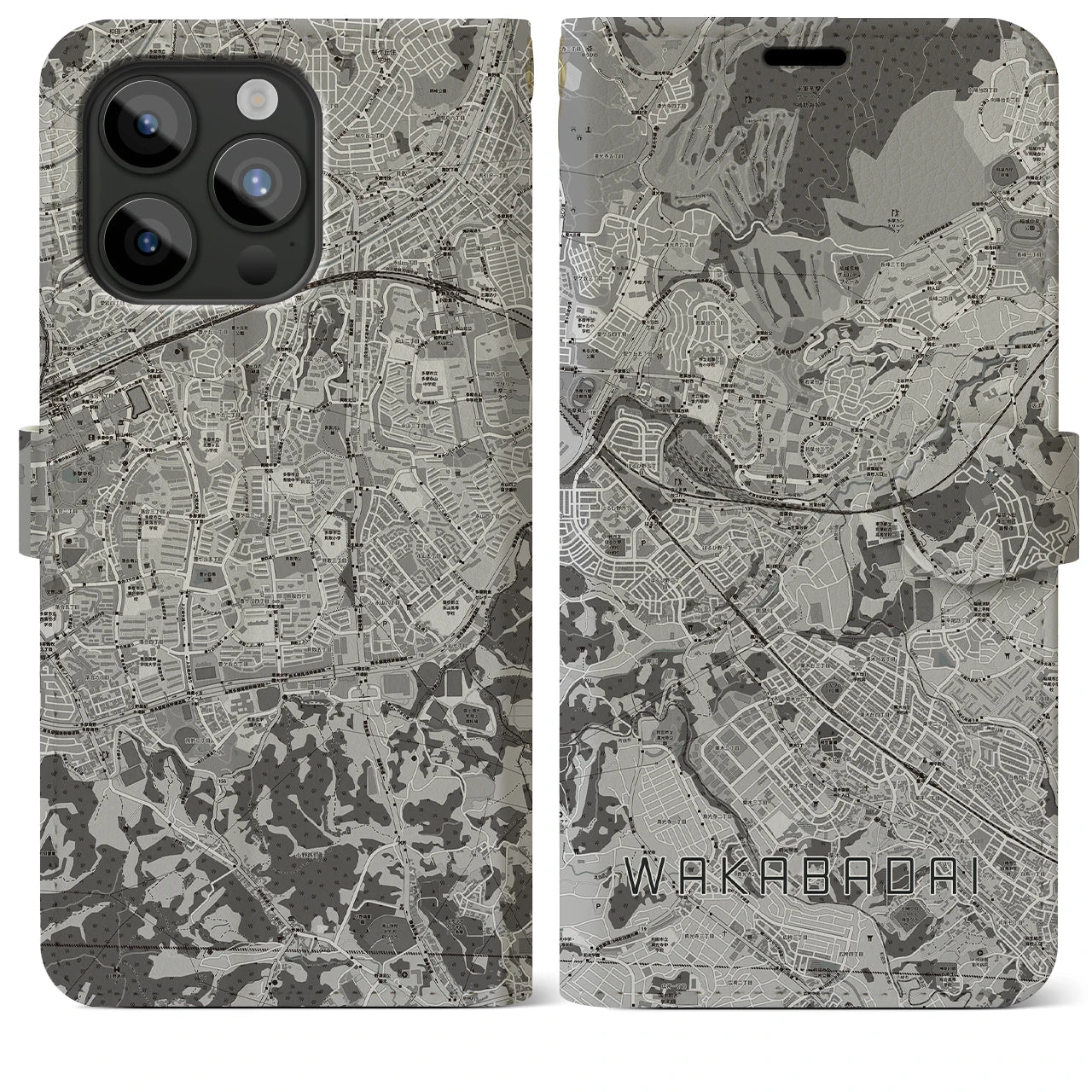 【若葉台(神奈川県)】地図柄iPhoneケース(手帳タイプ)モノトーン・iPhone 15 Pro Max 用