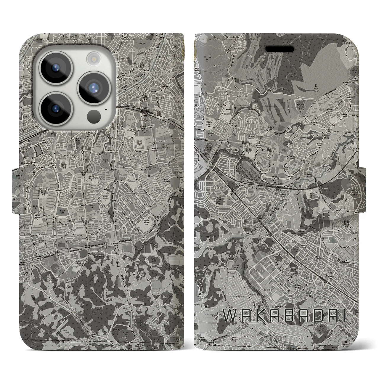 【若葉台(神奈川県)】地図柄iPhoneケース(手帳タイプ)モノトーン・iPhone 15 Pro 用