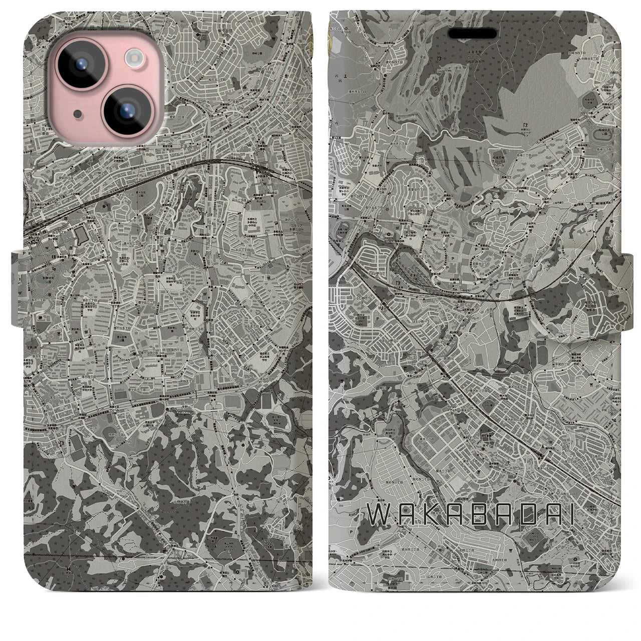 【若葉台(神奈川県)】地図柄iPhoneケース(手帳タイプ)モノトーン・iPhone 15 Plus 用