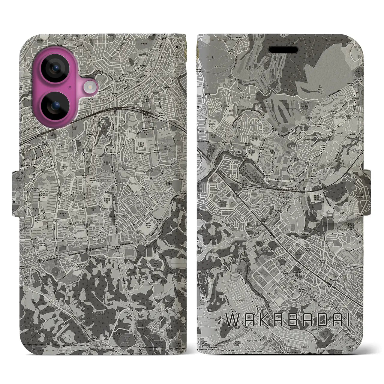 【若葉台(神奈川県)】地図柄iPhoneケース(手帳タイプ)モノトーン・iPhone 16 Pro 用