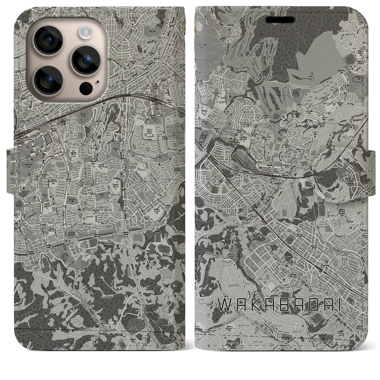 【若葉台(神奈川県)】地図柄iPhoneケース(手帳タイプ)モノトーン・iPhone 16 Plus 用