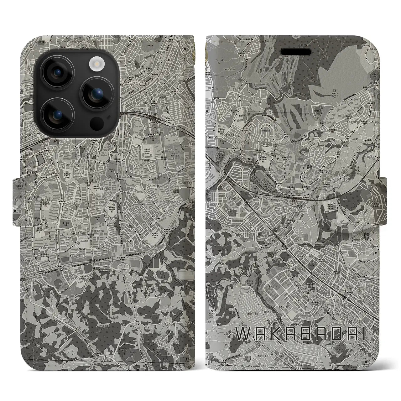 【若葉台(神奈川県)】地図柄iPhoneケース(手帳タイプ)モノトーン・iPhone 16 用