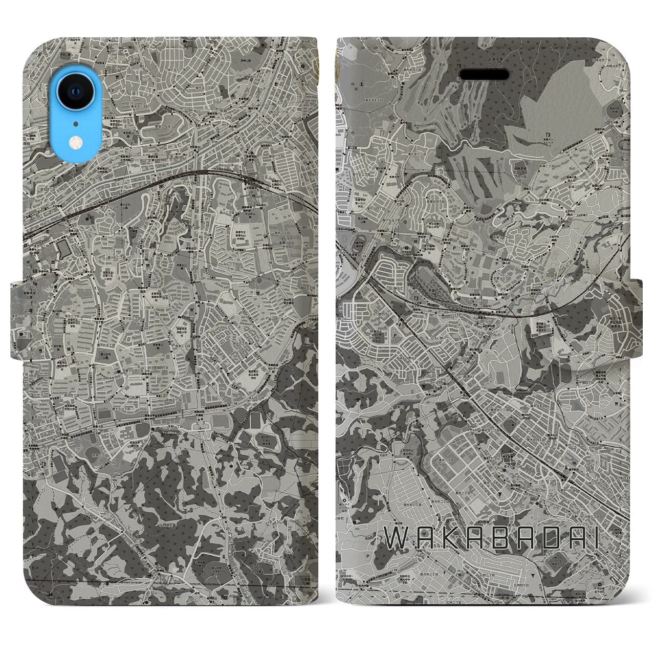 【若葉台(神奈川県)】地図柄iPhoneケース(手帳タイプ)モノトーン・iPhone XR 用