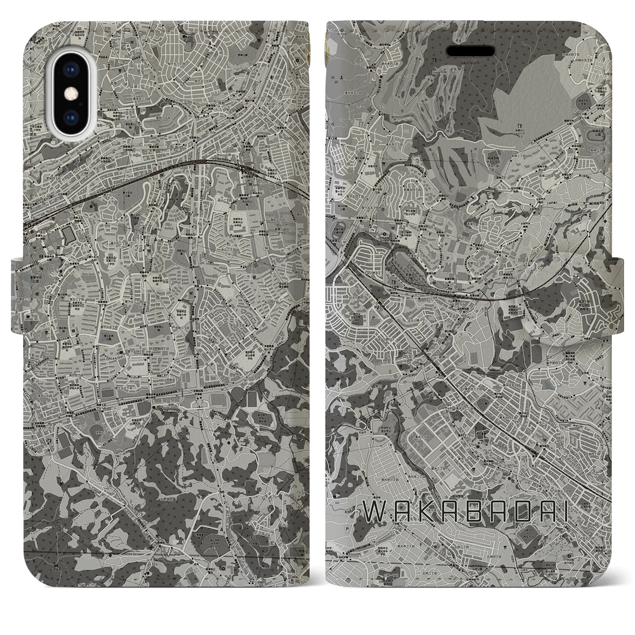 【若葉台(神奈川県)】地図柄iPhoneケース(手帳タイプ)モノトーン・iPhone XS Max 用