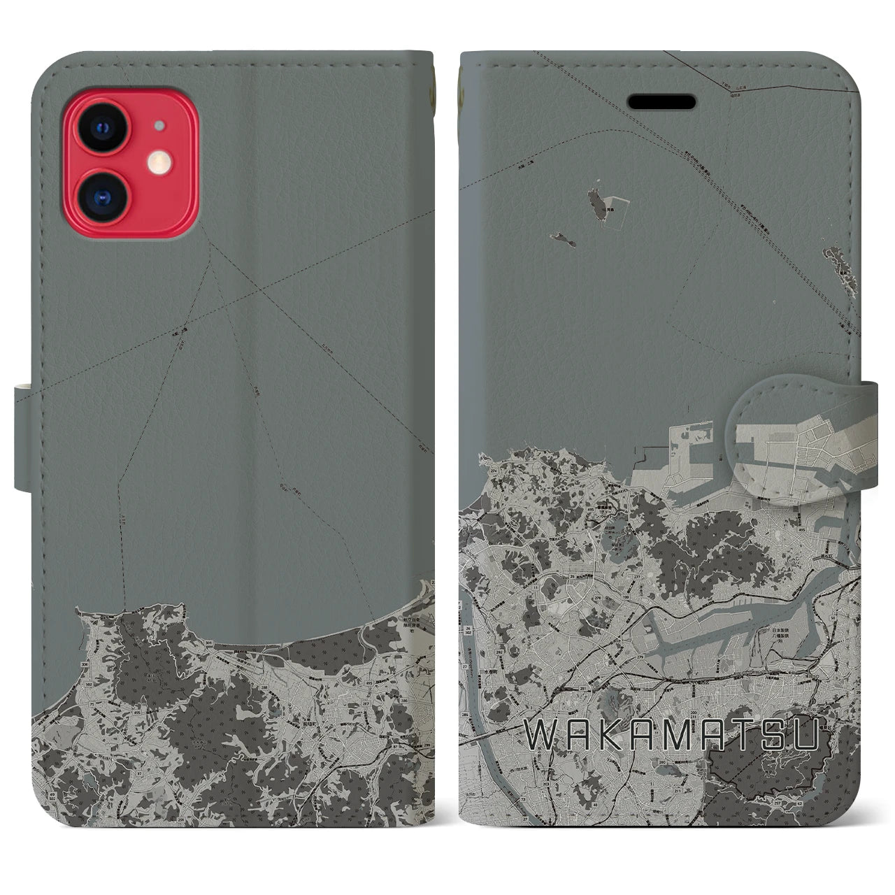 【若松(福岡県)】地図柄iPhoneケース(手帳タイプ)モノトーン・iPhone 11 用