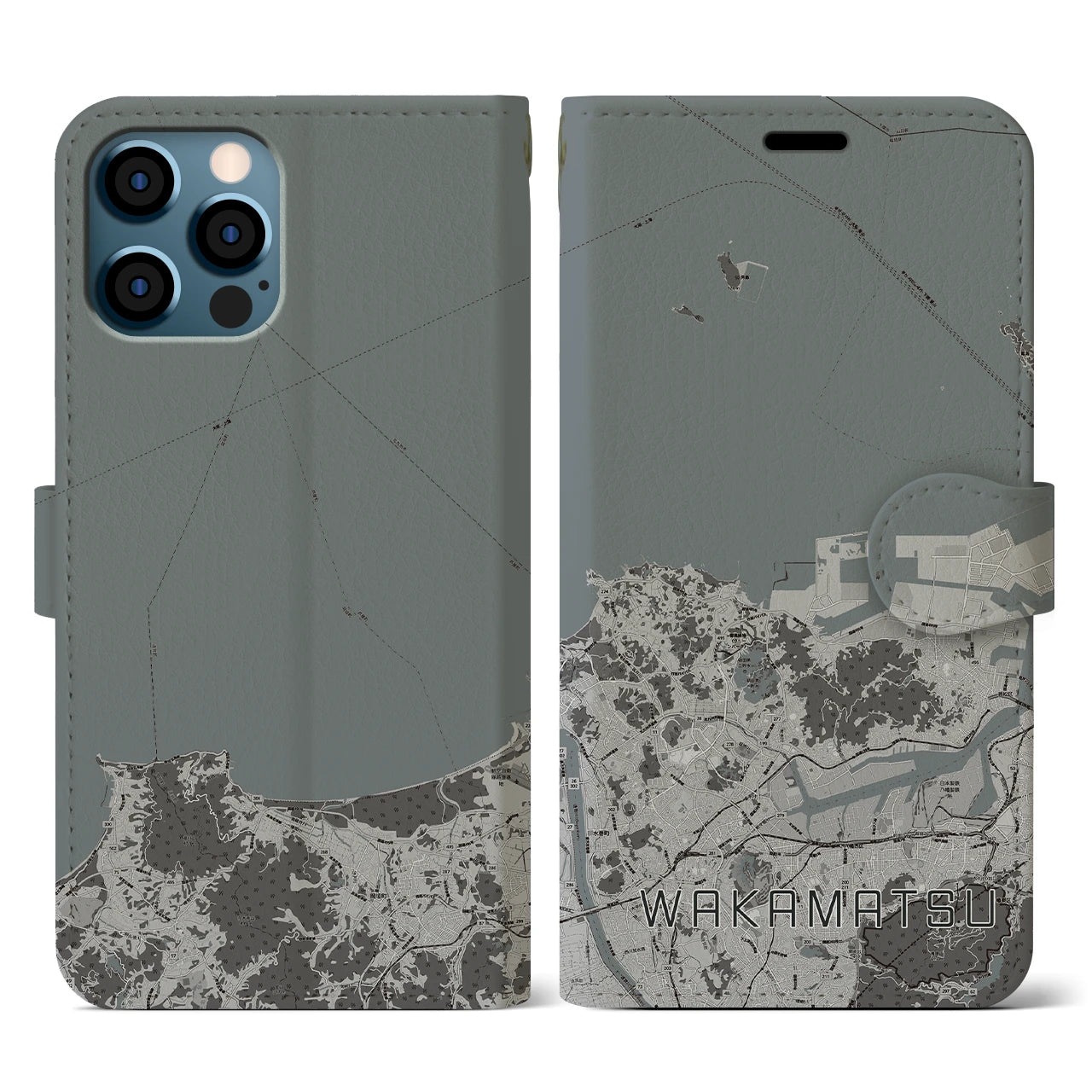 【若松(福岡県)】地図柄iPhoneケース(手帳タイプ)モノトーン・iPhone 12 / 12 Pro 用