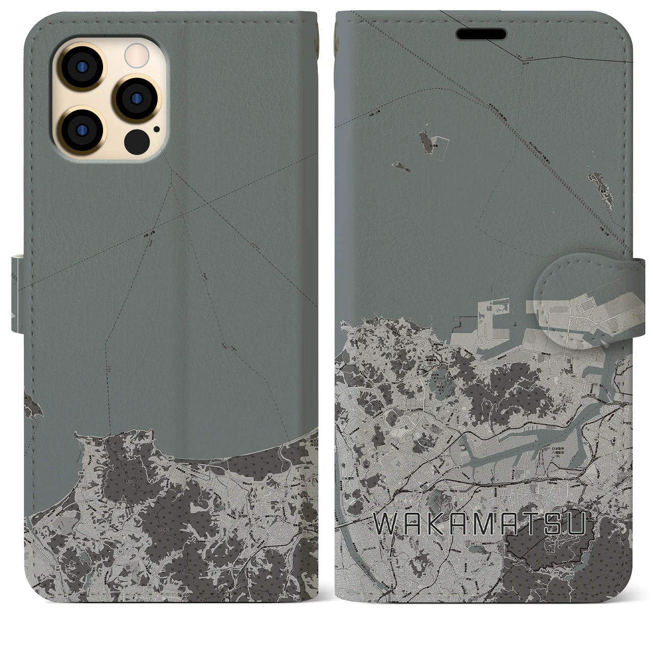 【若松(福岡県)】地図柄iPhoneケース(手帳タイプ)モノトーン・iPhone 12 Pro Max 用