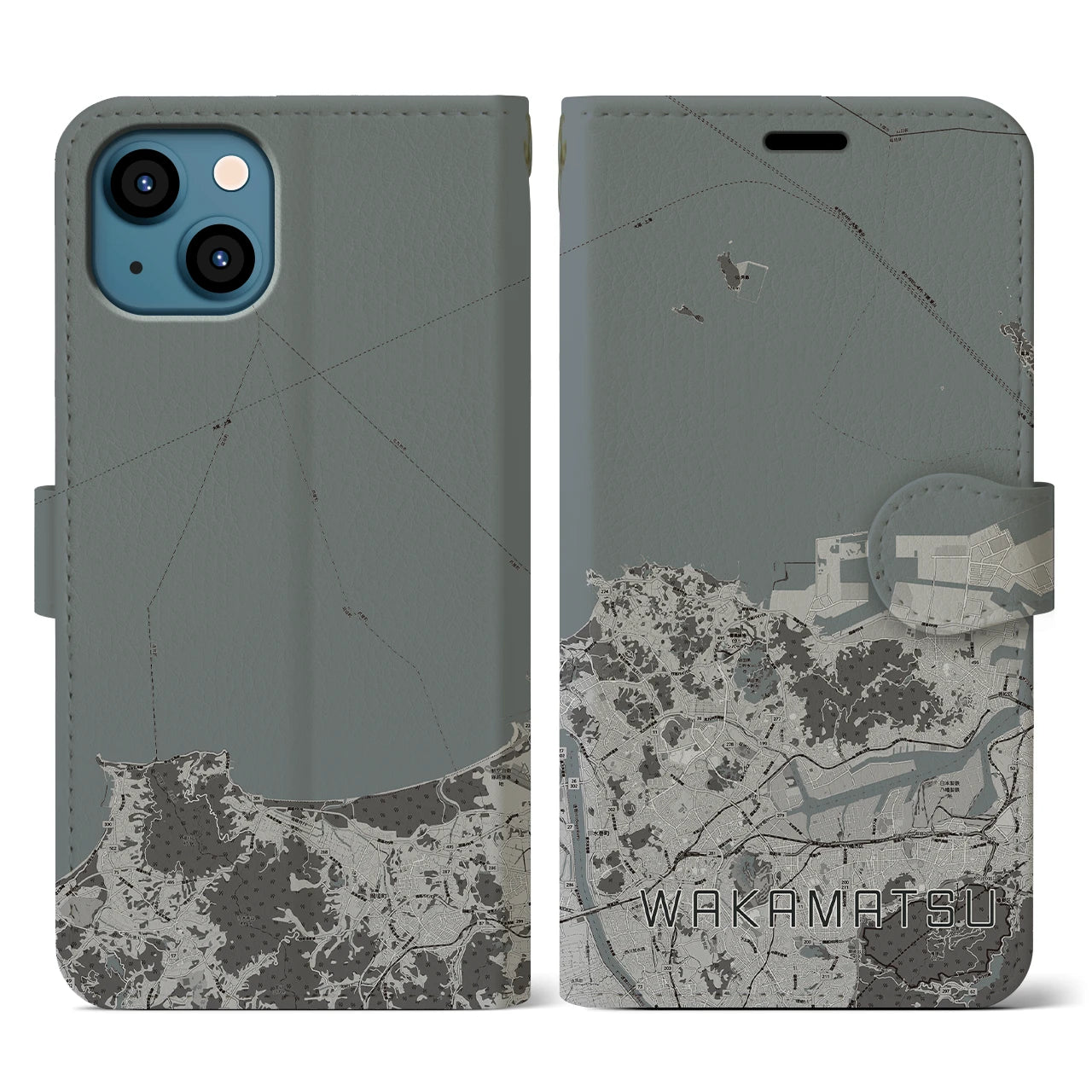 【若松(福岡県)】地図柄iPhoneケース(手帳タイプ)モノトーン・iPhone 13 用