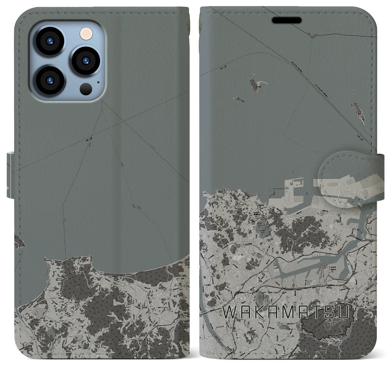 【若松(福岡県)】地図柄iPhoneケース(手帳タイプ)モノトーン・iPhone 13 Pro Max 用