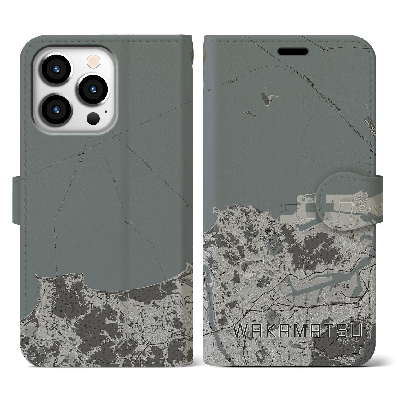 【若松(福岡県)】地図柄iPhoneケース(手帳タイプ)モノトーン・iPhone 13 Pro 用