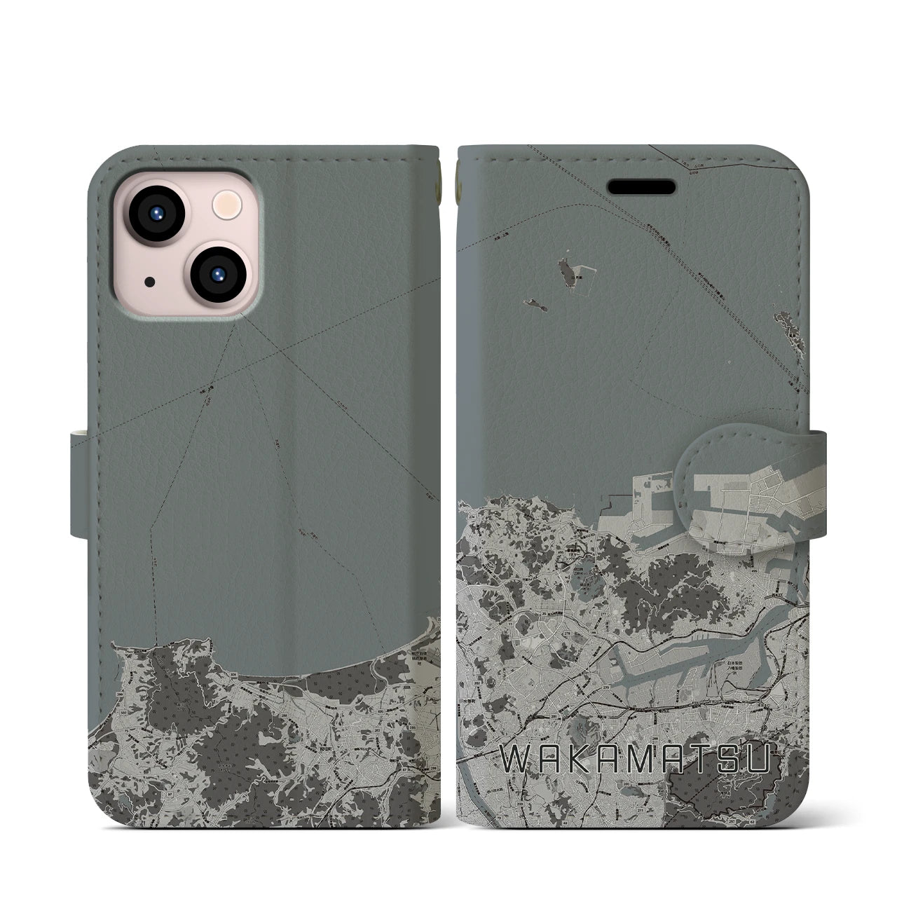 【若松(福岡県)】地図柄iPhoneケース(手帳タイプ)モノトーン・iPhone 13 mini 用