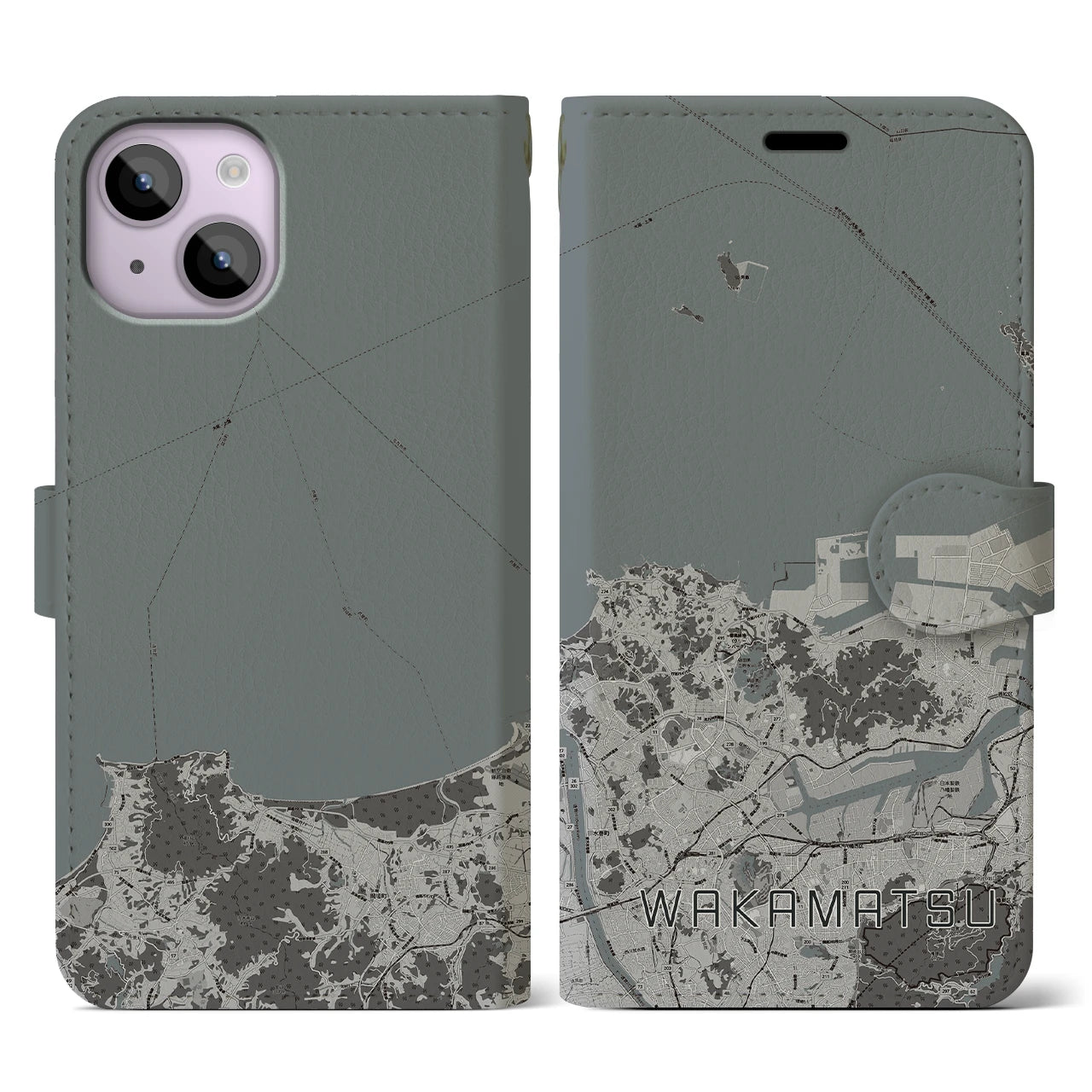 【若松(福岡県)】地図柄iPhoneケース(手帳タイプ)モノトーン・iPhone 14 用