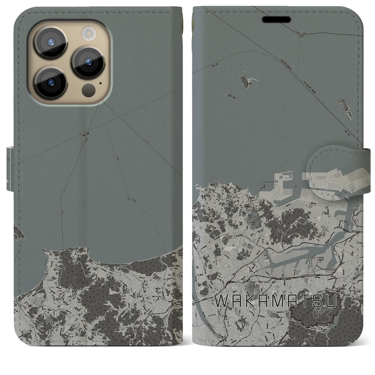 【若松(福岡県)】地図柄iPhoneケース(手帳タイプ)モノトーン・iPhone 14 Pro Max 用