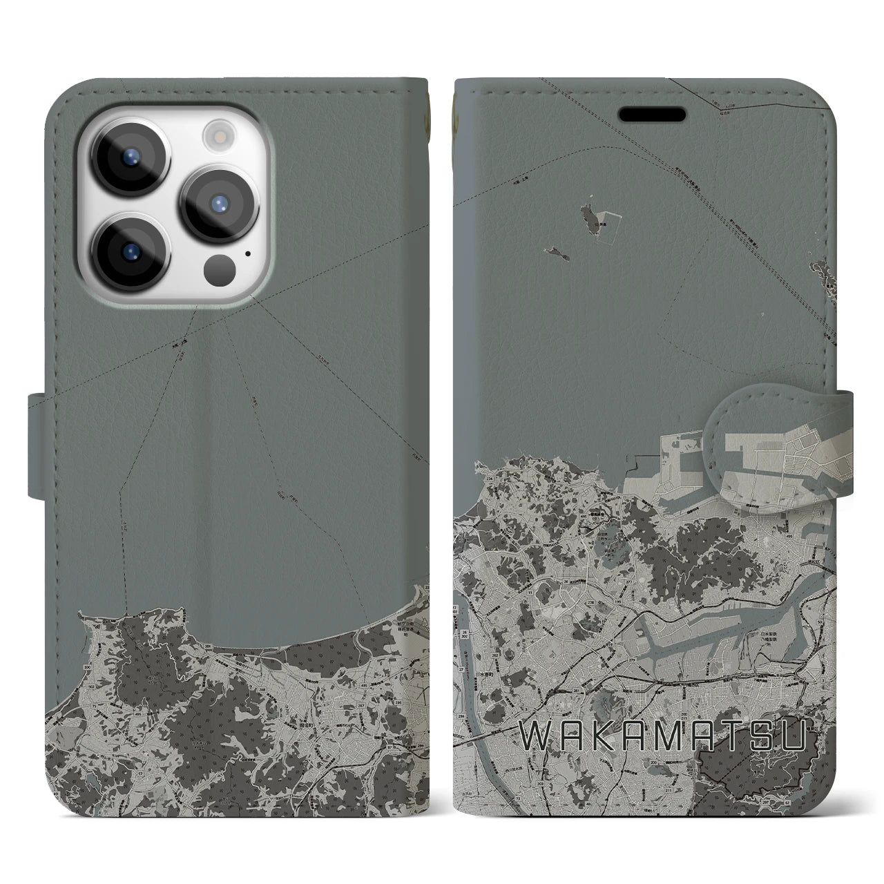 【若松(福岡県)】地図柄iPhoneケース(手帳タイプ)モノトーン・iPhone 14 Pro 用