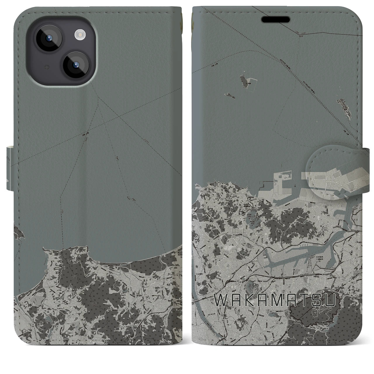 【若松(福岡県)】地図柄iPhoneケース(手帳タイプ)モノトーン・iPhone 14 Plus 用