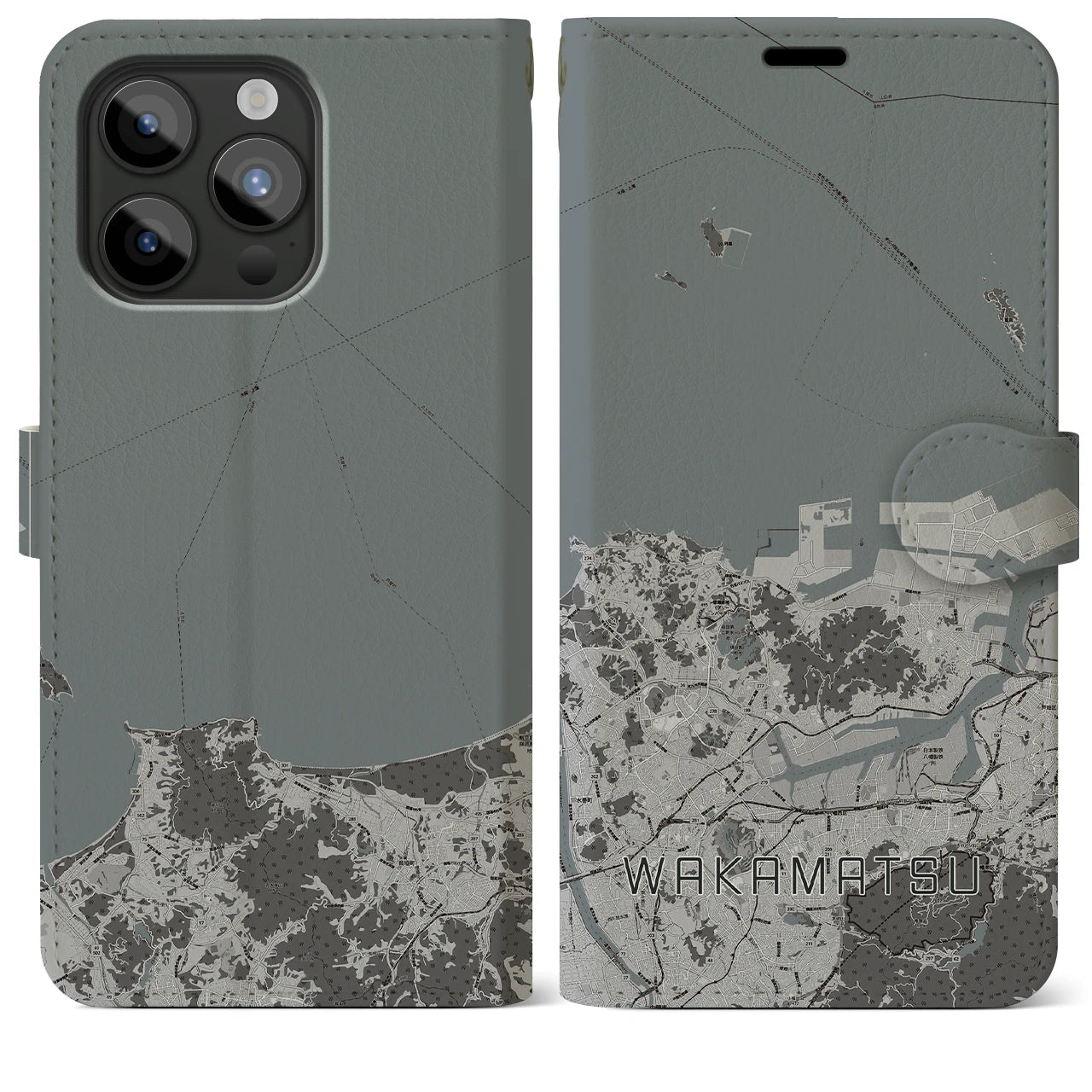 【若松(福岡県)】地図柄iPhoneケース(手帳タイプ)モノトーン・iPhone 15 Pro Max 用