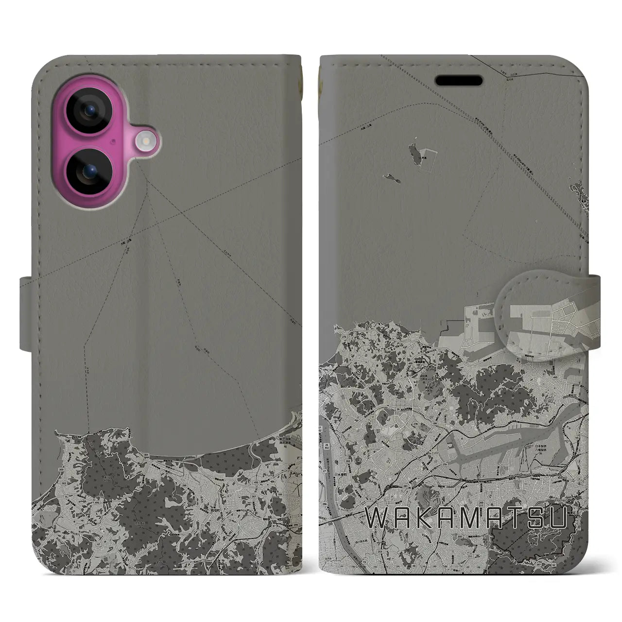 【若松(福岡県)】地図柄iPhoneケース(手帳タイプ)モノトーン・iPhone 16 Pro 用