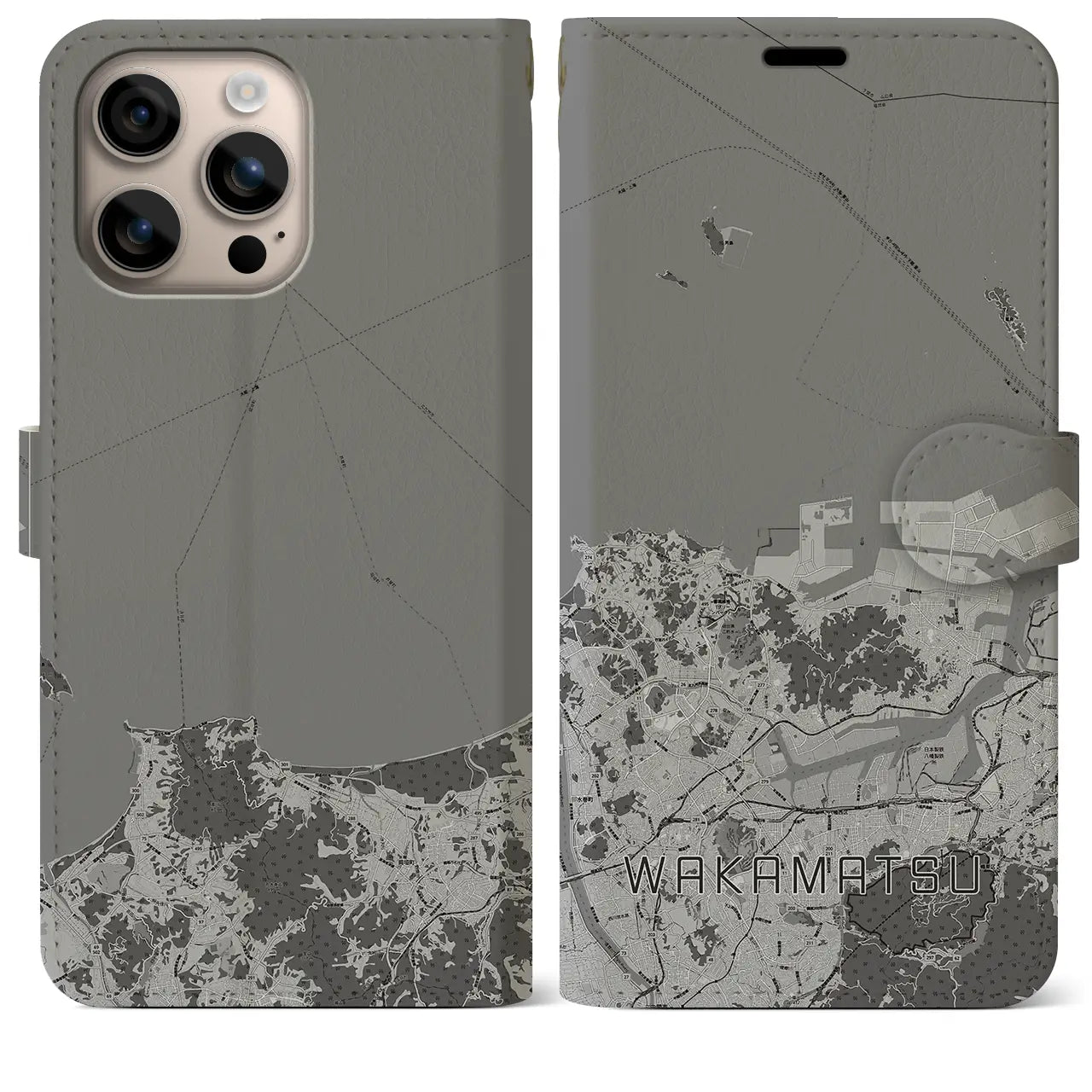 【若松(福岡県)】地図柄iPhoneケース(手帳タイプ)モノトーン・iPhone 16 Plus 用