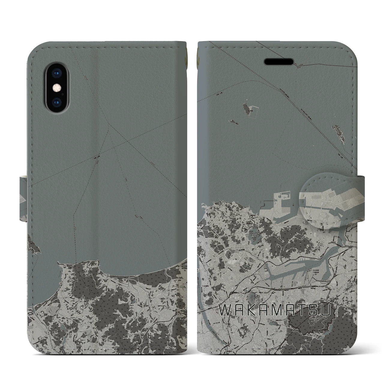 【若松(福岡県)】地図柄iPhoneケース(手帳タイプ)モノトーン・iPhone XS / X 用