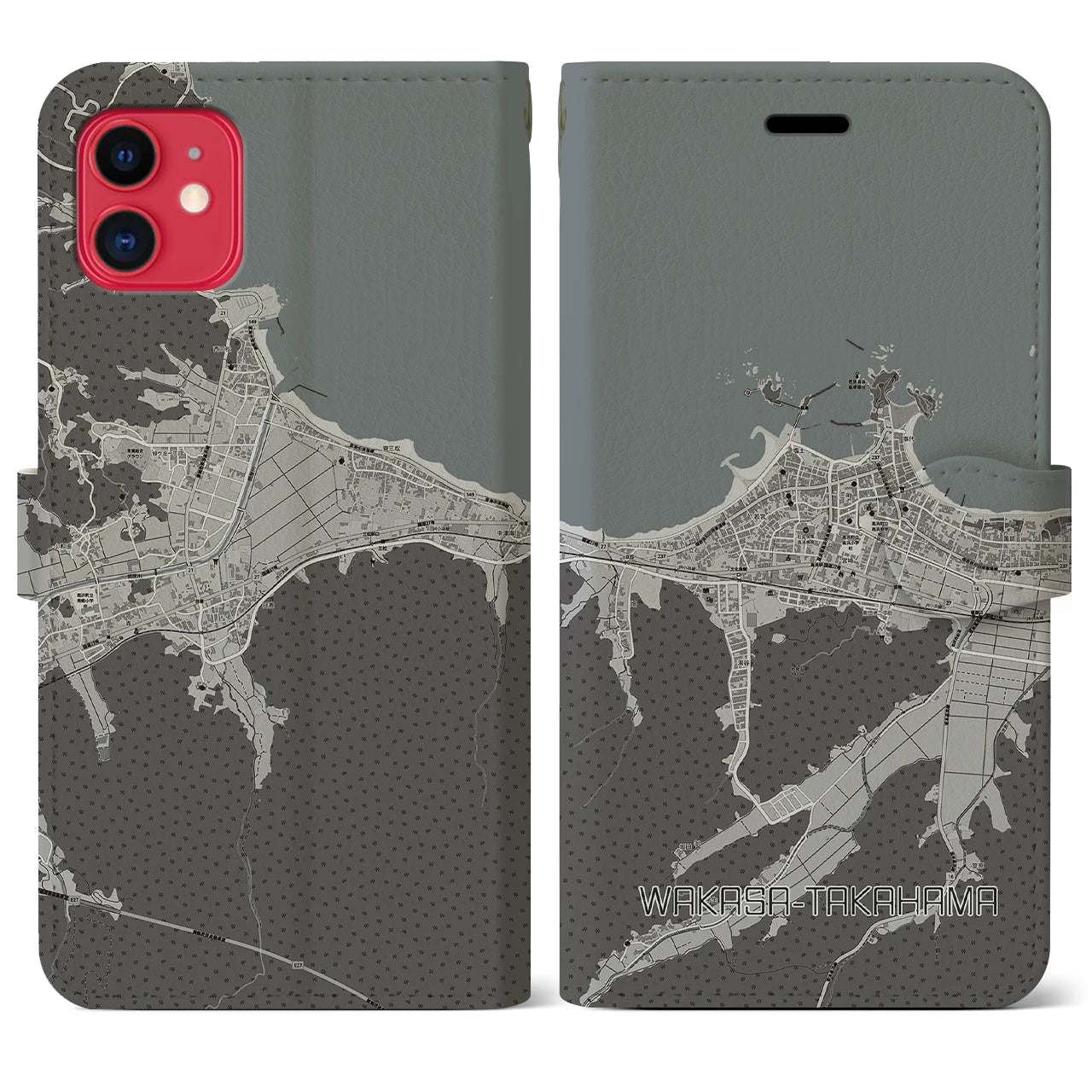 【若狭高浜(福井県)】地図柄iPhoneケース(手帳タイプ)モノトーン・iPhone 11 用