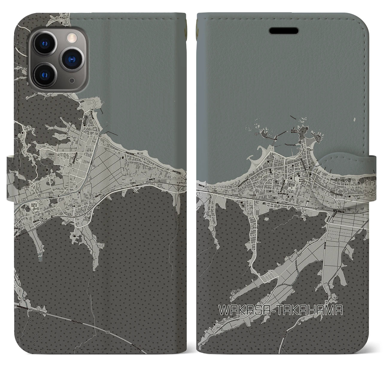 【若狭高浜(福井県)】地図柄iPhoneケース(手帳タイプ)モノトーン・iPhone 11 Pro Max 用