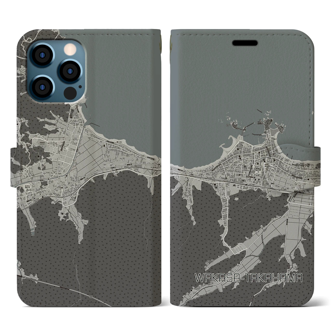 【若狭高浜(福井県)】地図柄iPhoneケース(手帳タイプ)モノトーン・iPhone 12 / 12 Pro 用