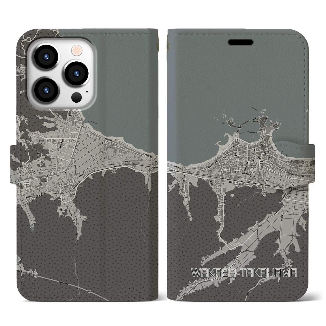 【若狭高浜(福井県)】地図柄iPhoneケース(手帳タイプ)モノトーン・iPhone 13 Pro 用
