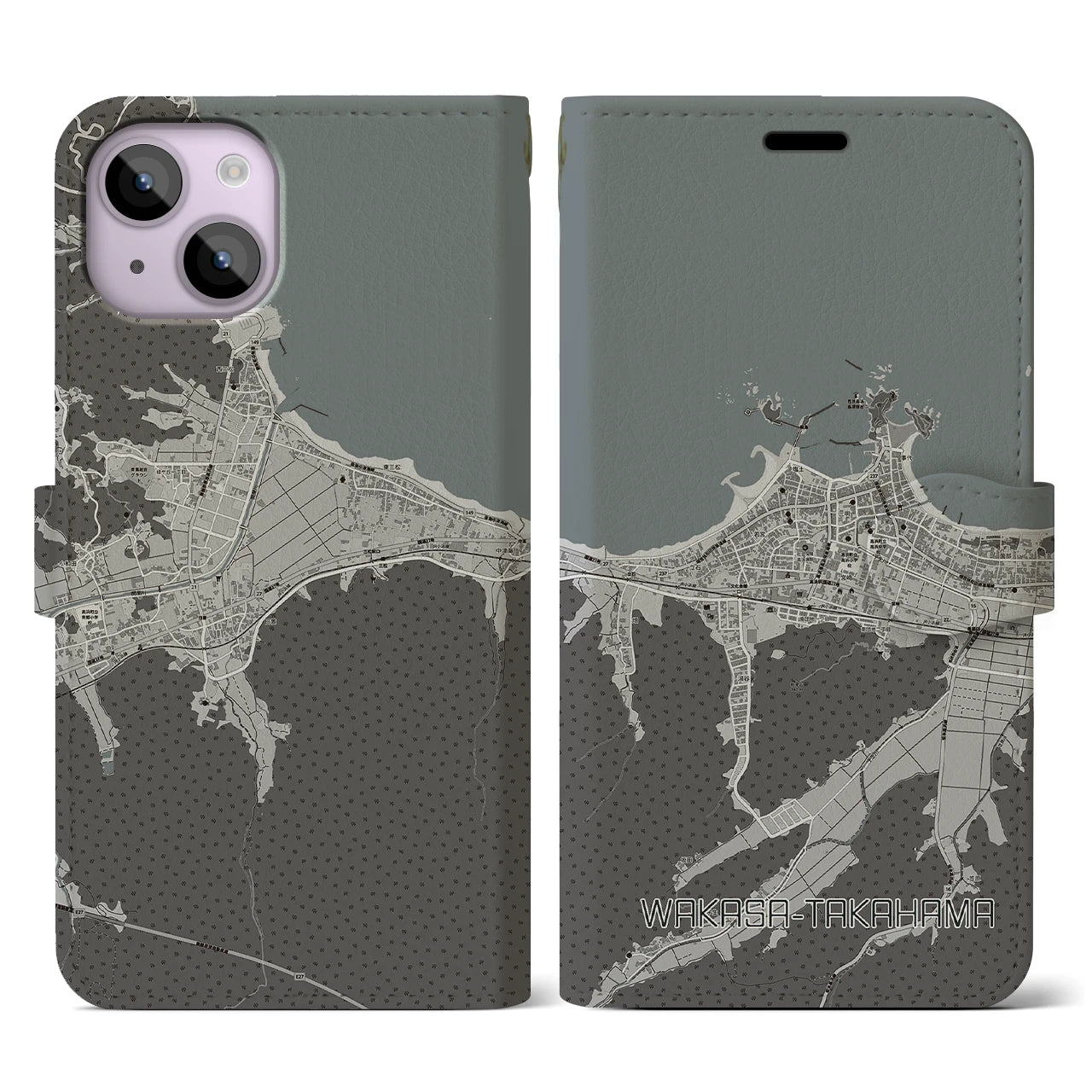 【若狭高浜(福井県)】地図柄iPhoneケース(手帳タイプ)モノトーン・iPhone 14 用