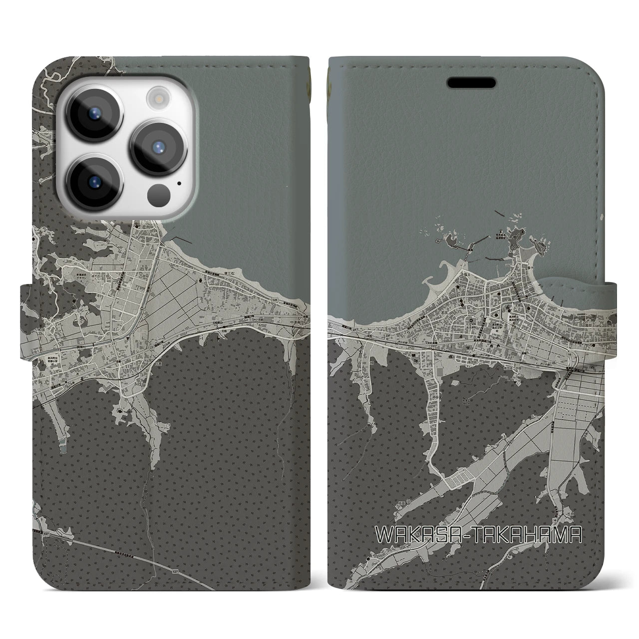 【若狭高浜(福井県)】地図柄iPhoneケース(手帳タイプ)モノトーン・iPhone 14 Pro 用