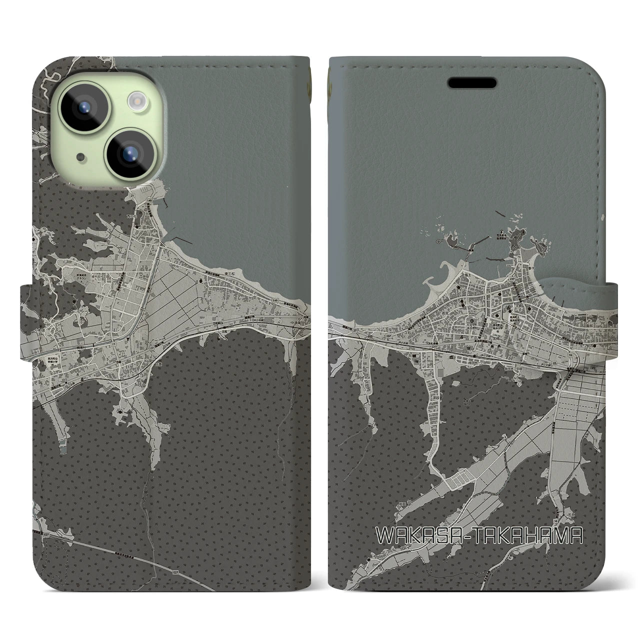【若狭高浜(福井県)】地図柄iPhoneケース(手帳タイプ)モノトーン・iPhone 15 用