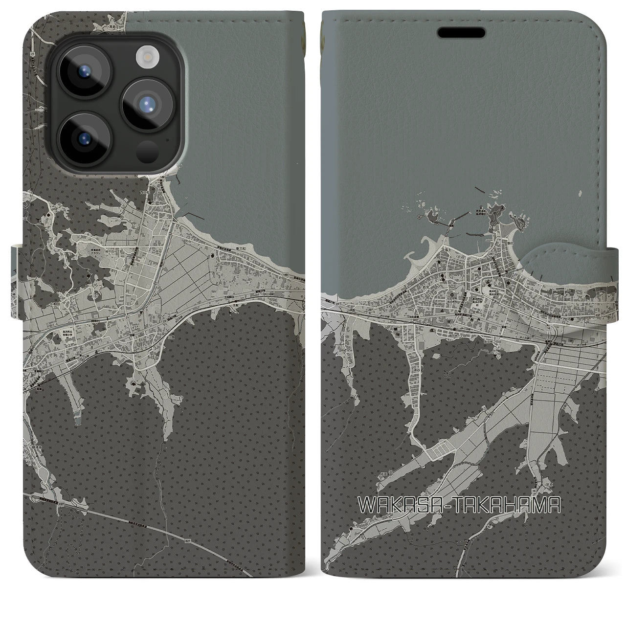 【若狭高浜(福井県)】地図柄iPhoneケース(手帳タイプ)モノトーン・iPhone 15 Pro Max 用