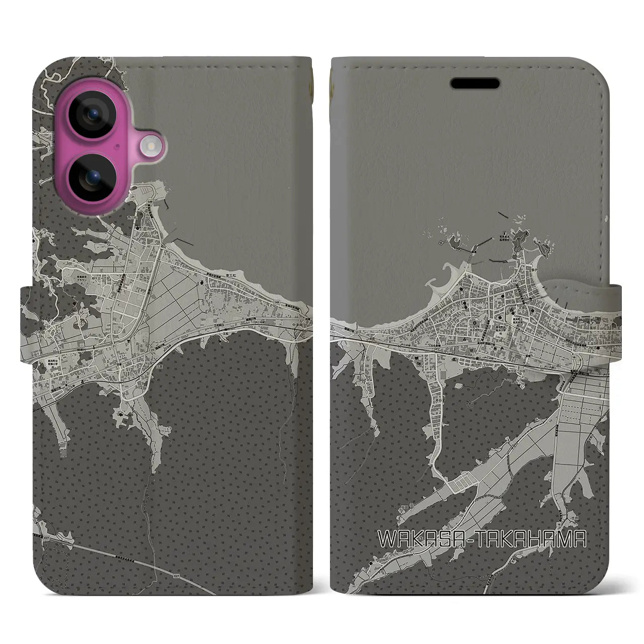 【若狭高浜(福井県)】地図柄iPhoneケース(手帳タイプ)モノトーン・iPhone 16 Pro 用