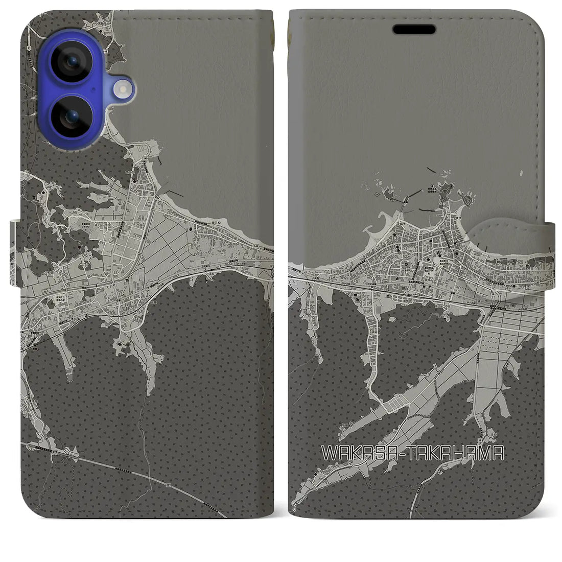 【若狭高浜(福井県)】地図柄iPhoneケース(手帳タイプ)モノトーン・iPhone 16 Pro Max 用