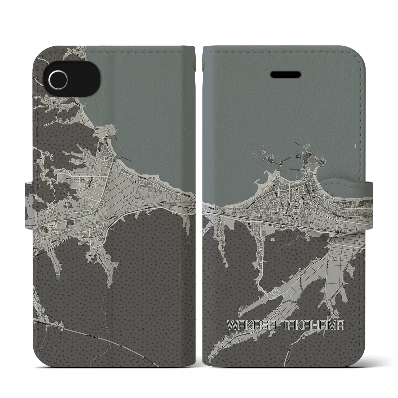 【若狭高浜(福井県)】地図柄iPhoneケース(手帳タイプ)モノトーン・iPhone SE(第3 / 第2世代) / 8 / 7 / 6s / 6 用
