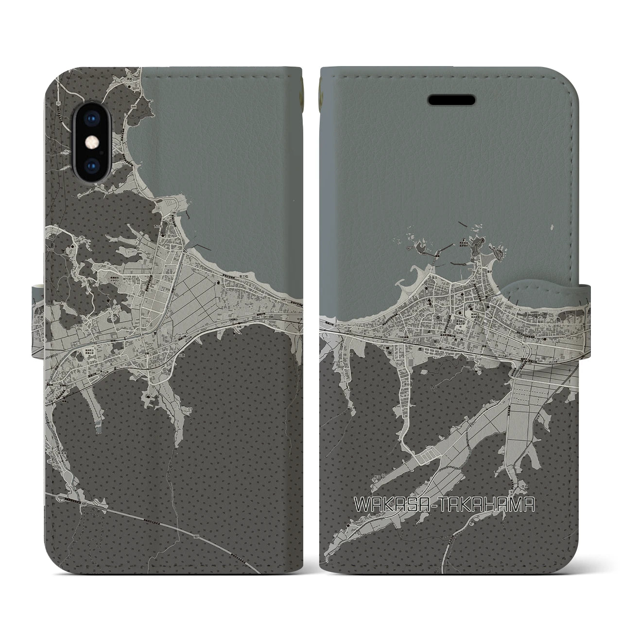 【若狭高浜(福井県)】地図柄iPhoneケース(手帳タイプ)モノトーン・iPhone XS / X 用