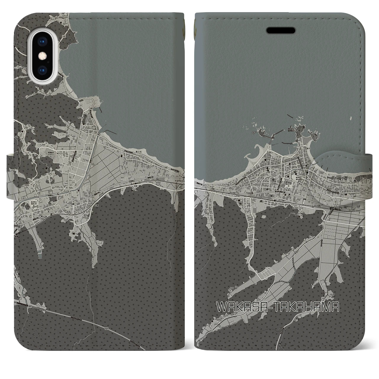 【若狭高浜(福井県)】地図柄iPhoneケース(手帳タイプ)モノトーン・iPhone XS Max 用