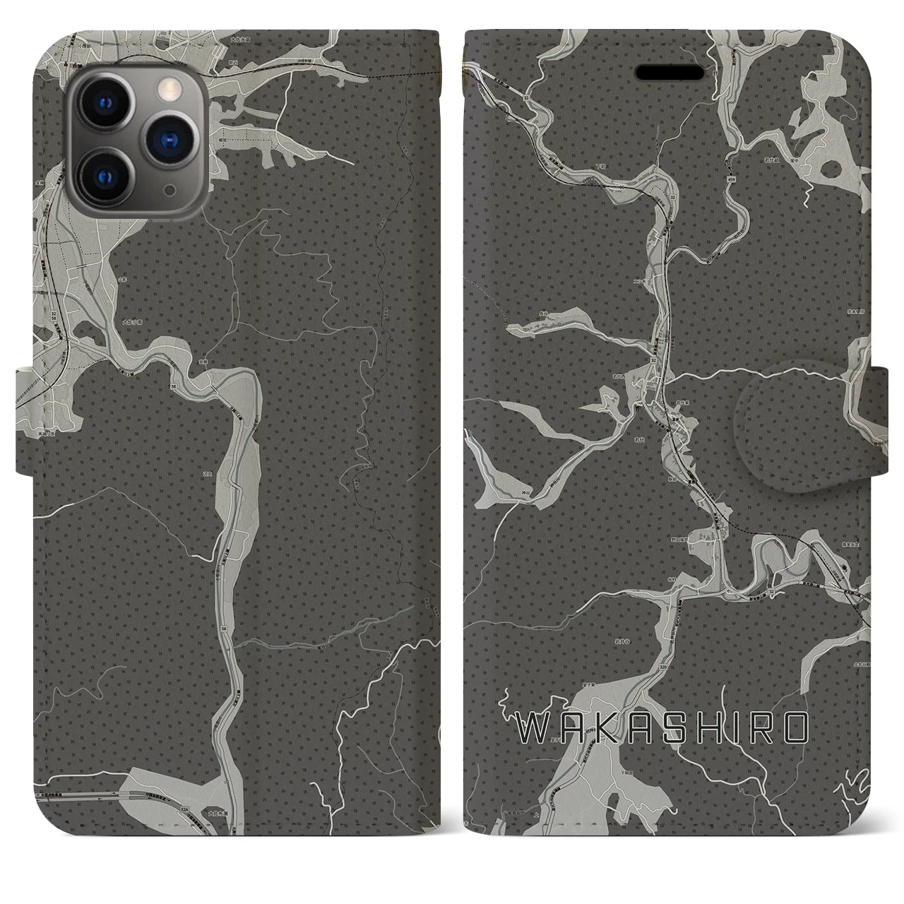 【若代(岡山県)】地図柄iPhoneケース(手帳タイプ)モノトーン・iPhone 11 Pro Max 用