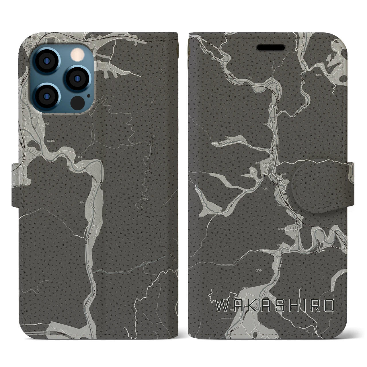 【若代(岡山県)】地図柄iPhoneケース(手帳タイプ)モノトーン・iPhone 12 / 12 Pro 用